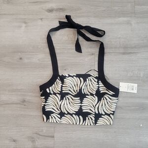 a new day Black Halter Crop Top with Cream Leaf Print